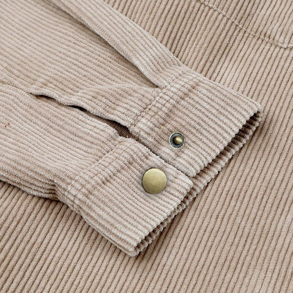 Khaki Casual Womens Pocket Drop Shoulder Raw Hem Drawstring Hooded Corduroy Coat - Picture 6 of 7